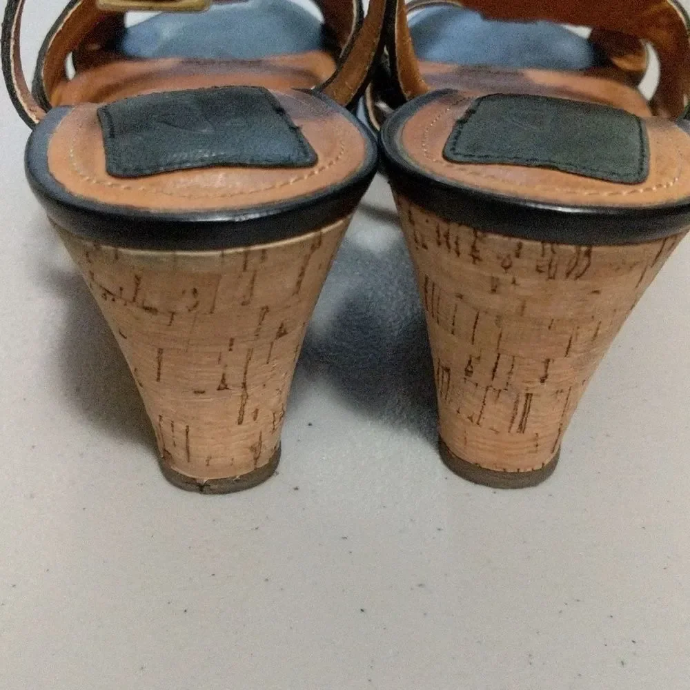 Clark's Black leather sling back cork wedge strappy beaded sandals 10M
